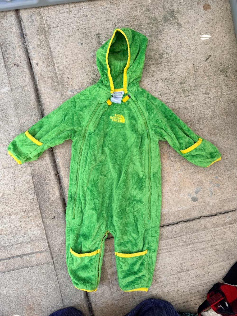 The North Face Green Hooded Fleece Baby One-Piece with Yellow Trim